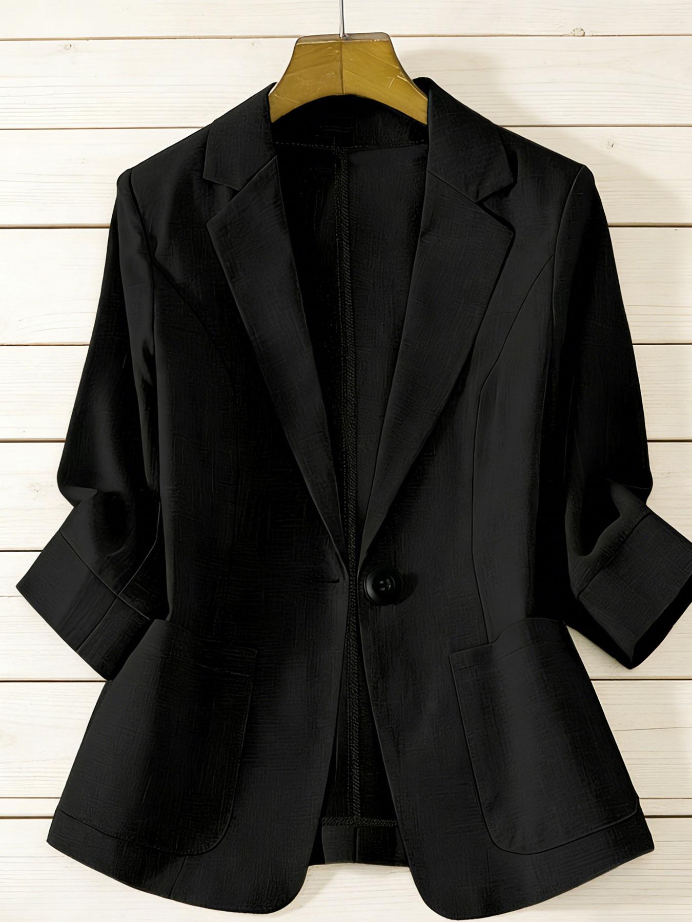 A women's solid color lapel single-breasted single-button mid-length sleeve double-pocket stylish blazer, suitable for spring and summer, appropriate for the workplace and daily wear.