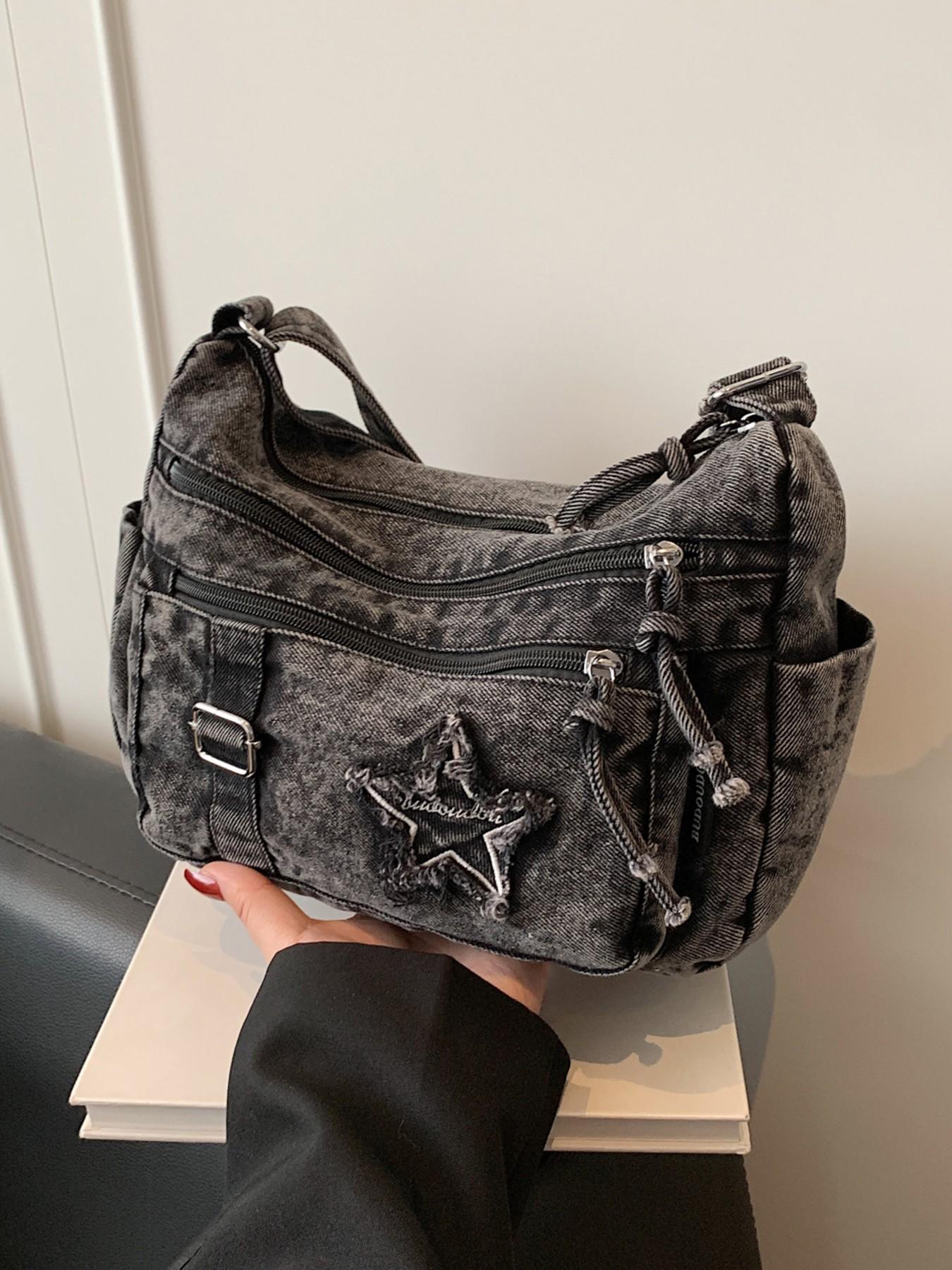 Casual retro texture Denim shoulder bag, Denim shoulder satchel, practical versatile crossbody bag, with multiple zippered pockets and a five pointed star pattern printed, suitable for commuting, shopping
