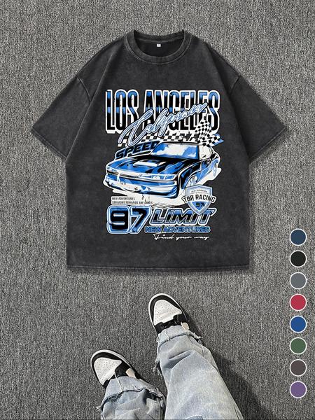 Men's Regular Fit Car Graphic Print Round Neck Tee, Vintage Trendy Casual Short Sleeve T-shirt for Daily Wear, Ladies Summer Outfit, Top