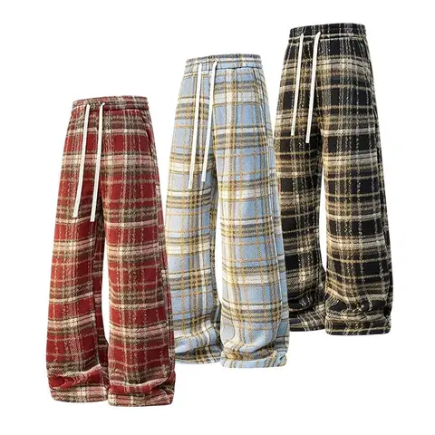 Men Fall Winter Plaid Casual Long Pants, Elastic Waist With White Drawstring, Classic Tartan Pattern Trousers, Side Pockets Warm Texture Bottoms For Daily Street And Dating Outfits#sohochic