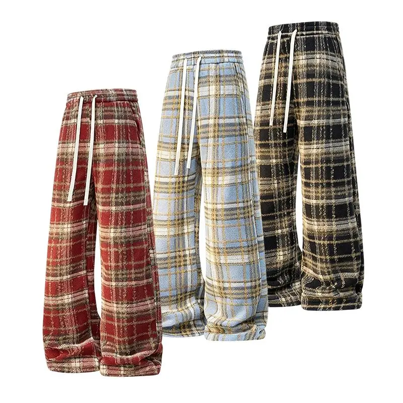 Men Fall Winter Plaid Casual Long Pants, Elastic Waist With White Drawstring, Classic Tartan Pattern Trousers, Side Pockets Warm Texture Bottoms For Daily Street And Dating Outfits#sohochic