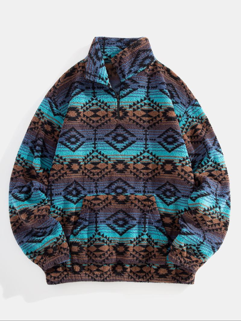 Men's Leopard Print Pocket Half Zip Plush Sweatshirt, Loose Casual Long Sleeve Drop Shoulder Fuzzy Pullover for Winter, Fashion Men's Clothes for Daily Wear, Casual Sweatshirts