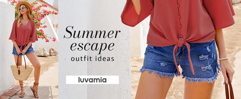 Luvamia Women's Casual Mid Rise Denim Shorts Stretch Ripped Raw Hem Jean Shorts Basic Fitted Bottom for Summer