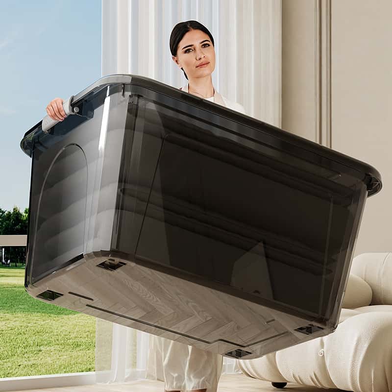 Stackable Storage Box with Lid, Transparent Under Bed Organizer, Durable Plastic Space Saving Clothes & Blanket Holder, No Assembly Needed