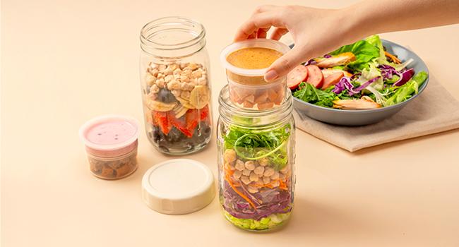 SOLIGT Glass Salad Jars with Lids, 4 Pack 32oz, Leakproof Container for Lunch - Two Small Built-in Boxes with Wet/Dry Separation for Salad Dressing and Dry Ingredients, Mason Jars for Meal Prep Christmas Gift Ideas