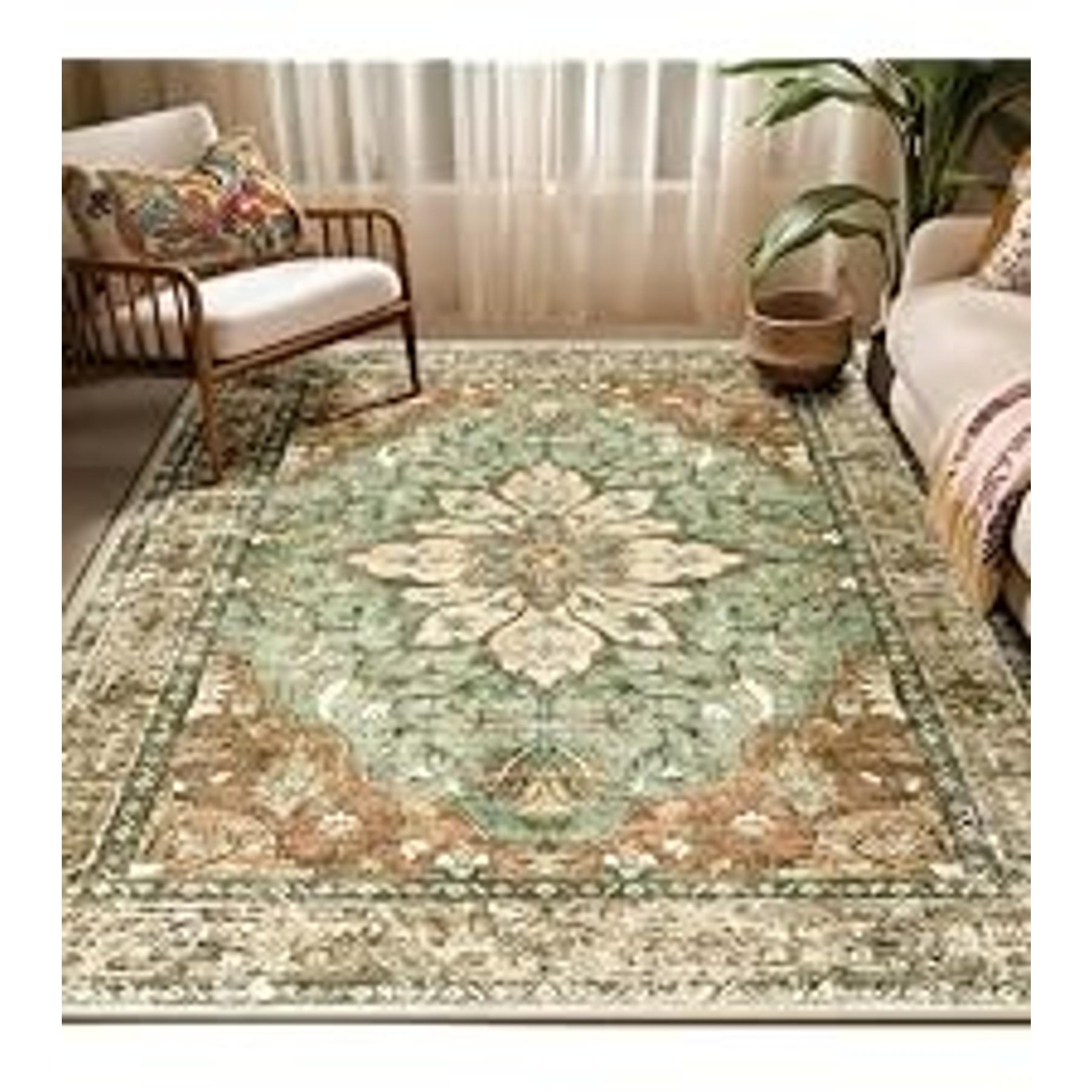 5'x7' Washable Non-Slip Distressed Medallion Area Rug, Floral Vintage Carpet for Living Room, Bedroom, in Terracotta, Burnt Orange, Green