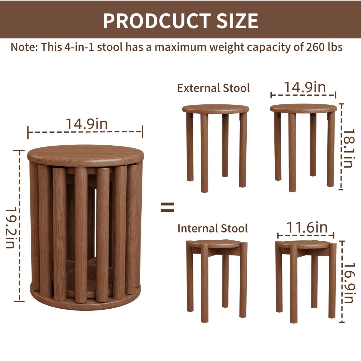 【Summer】TimberKnows Set of 4 Stackable Solid Wood Stools – 18" Round Nesting Tables, Fully Assembled, Durable & Space-Saving Design