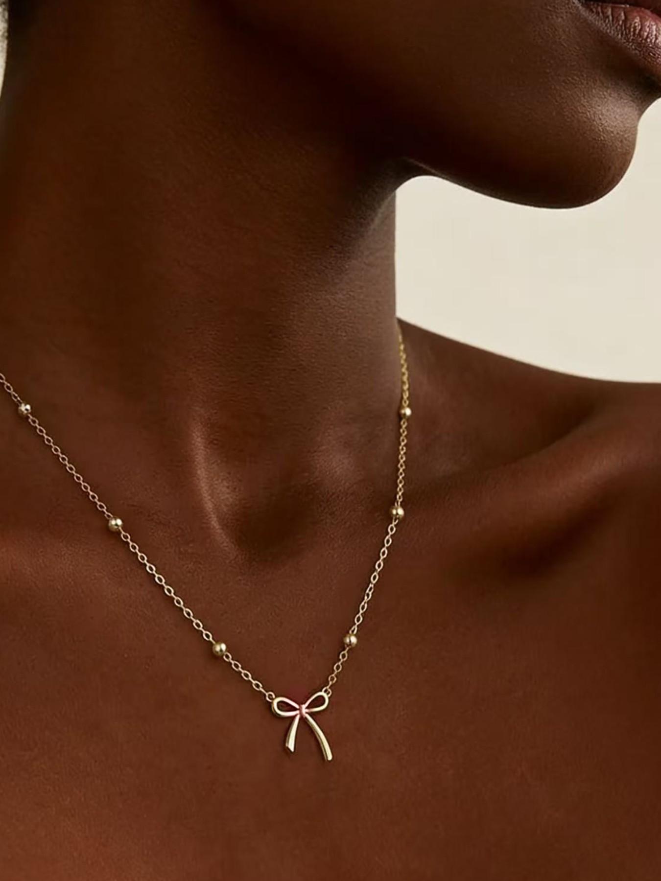 Clean Girl Aesthetic Necklace, Delicate Bow Necklace, Gold Plated Cute Choker, Small Bow Pendant Charm, Teenager Gift