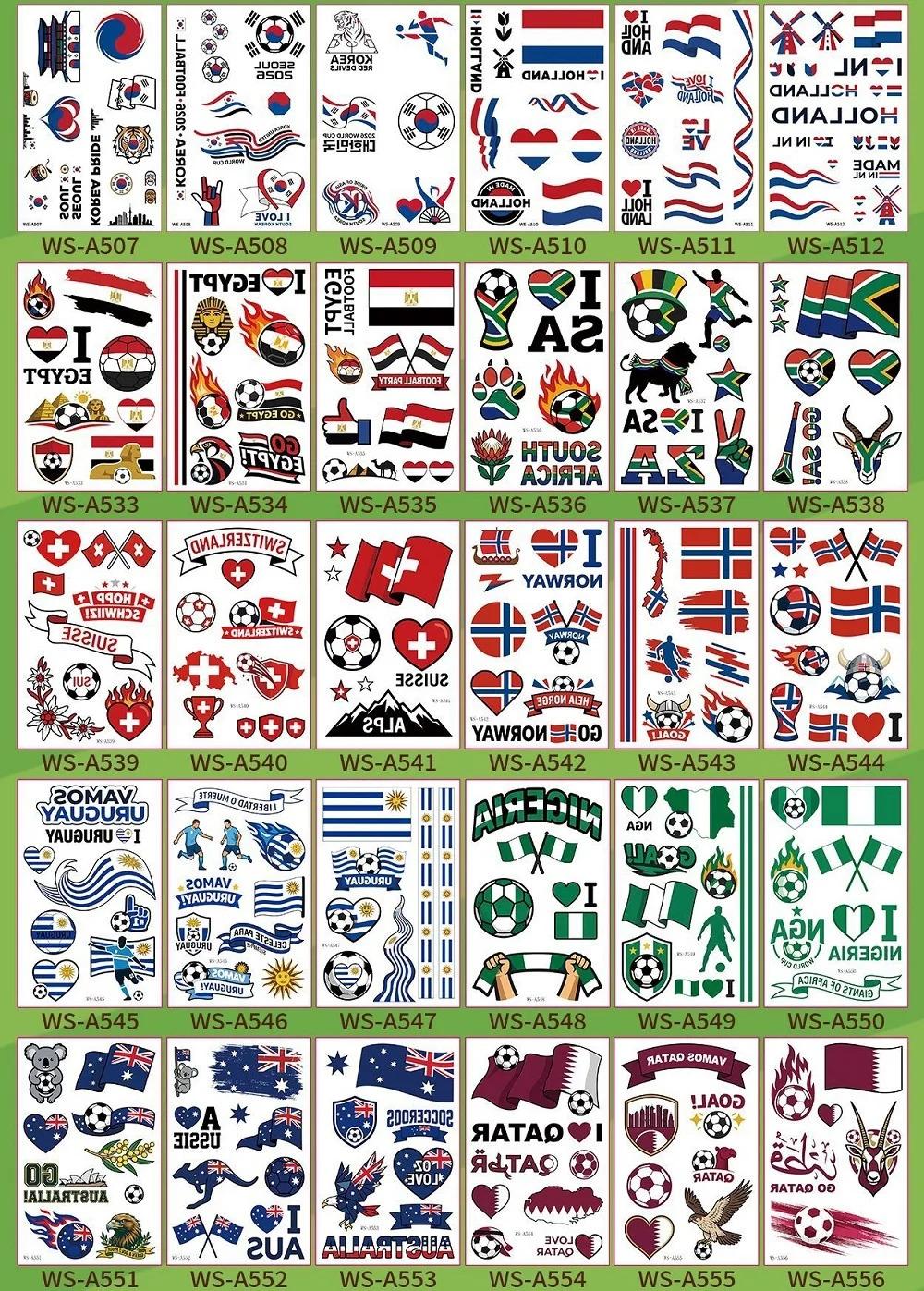 World Cup National Flag Temporary Tattoos, Waterproof Country Flag Fake Tattoos for Soccer Fans, 2026 Football Match Party Favors, Spain/France/Canada/Netherlands/Mexico/Brazil Patterns