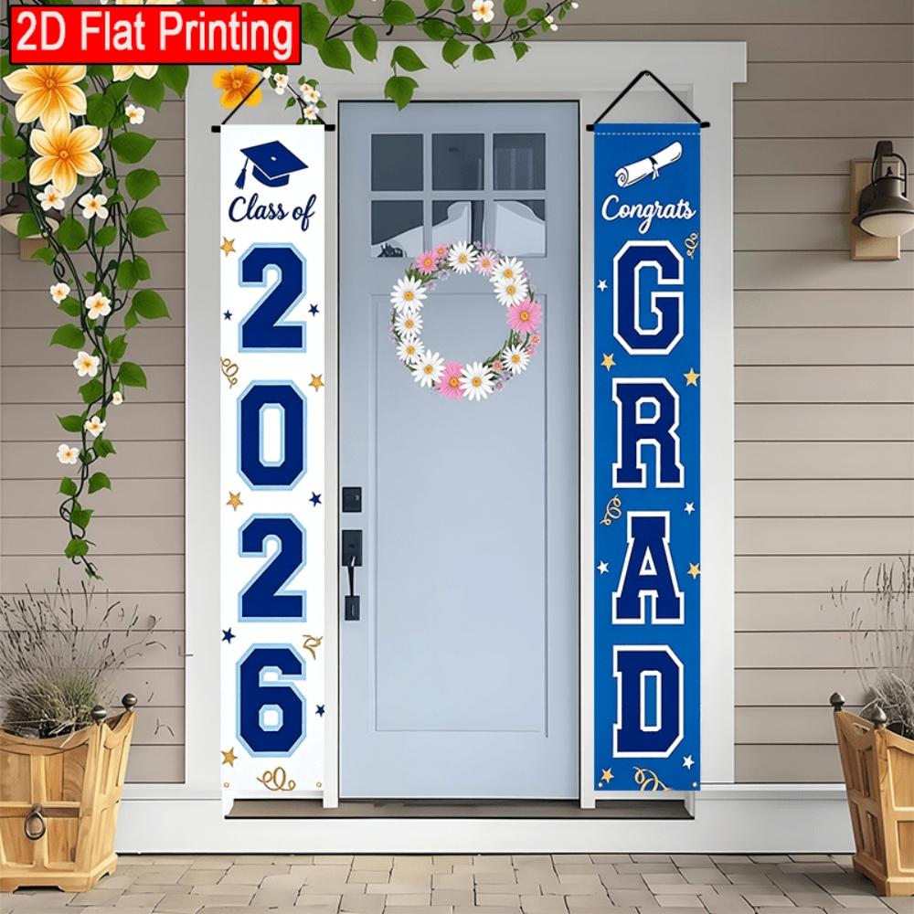 2DFlat2pcs 2026 Class  Graduation Door Banner, Blue and White Color Scheme with Grad Cap, Diploma and Star Elements, Ideal for 2026 Graduation Ceremony, Grad Party, Appreciation Dinner, School Celebration, Also as Porch or Wall Hanging,