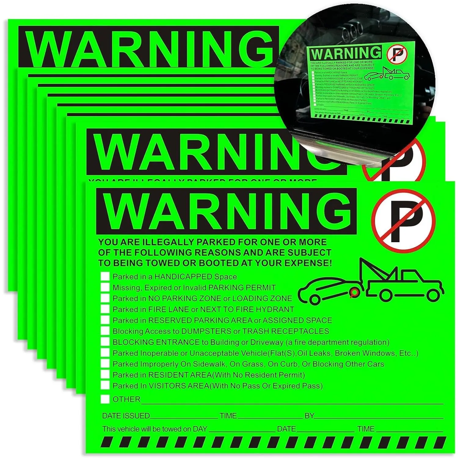 Illegal Parking Warning Stickers - Vibrant Green Private Parking Violation Decals for Car Windows - Strong Peel-and-Stick Adhesive - 50 Pcs, 5.5 x 7.5 InchesGift