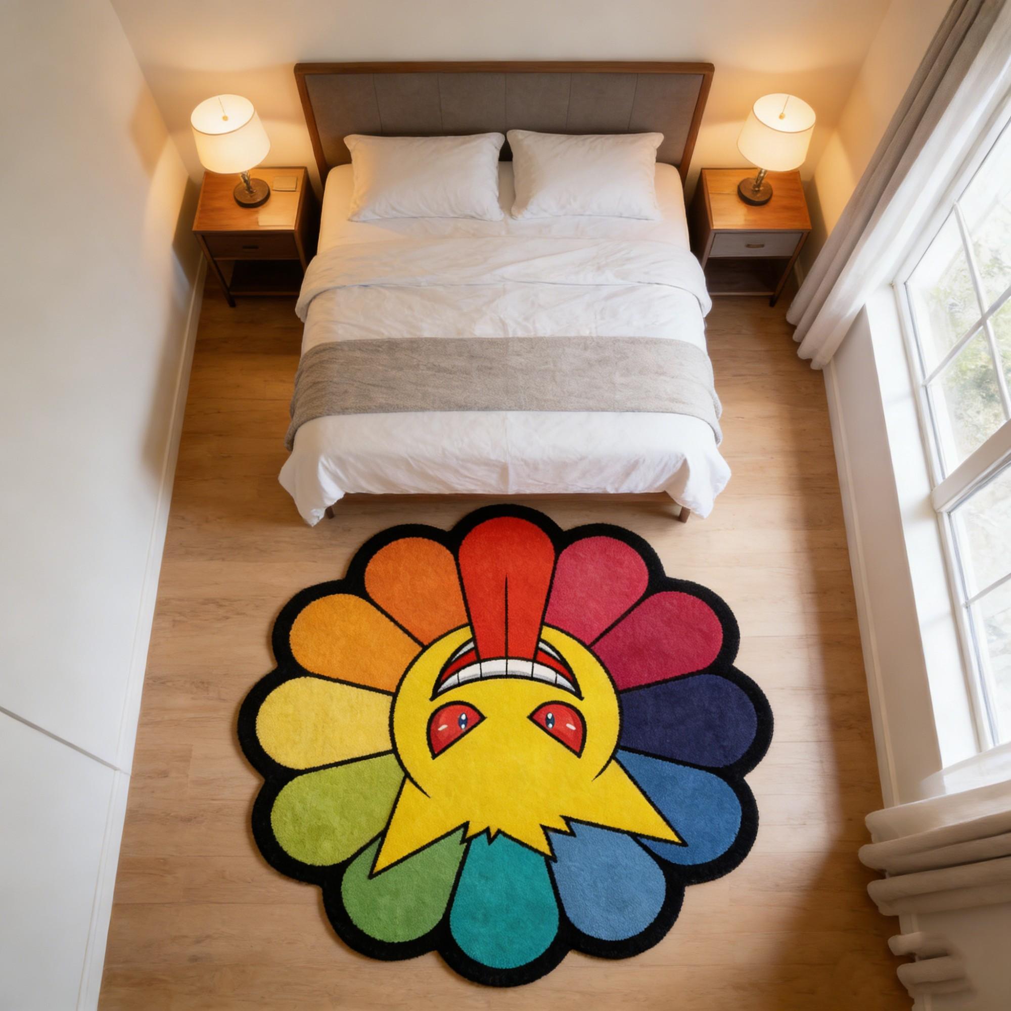 Funny Rainbow Sunflower Rug, Irregular Trendy Creative Home Decor Mat, Durable, Non-Slip, Washable, Suitable for Game Room, Bedroom, Living Room, Kitchen