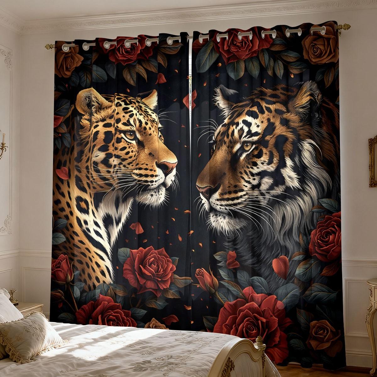 2-piece pack of wild retro style red rose golden leopard tiger print filter translucent curtains suitable for machine washable decorative curtains in living room, bedroom, kitchen, etc.