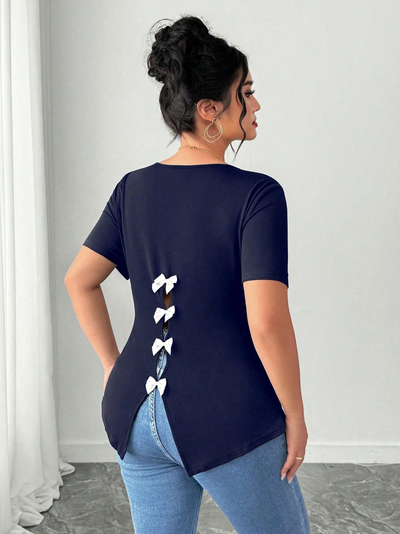 Plus Size Women's Back Bow Short Sleeve T-Shirt, Asymmetrical Hem Slimming Top, Casual Summer Fashion, Comfortable and Stylish