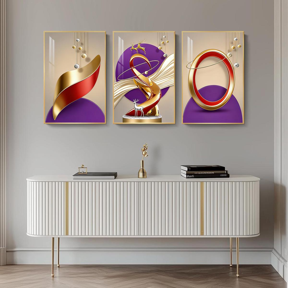 3 Counts Aluminum Alloy Framed Painting, Abstract Golden And Red Geometric Shapes With Deer Pictures, Home Decoration For Living Room, Bedroom, Office, Restaurant, Hallway Wall Decor, Odorless Print Artwork, Luxury Perfect Gift For Friends And Family