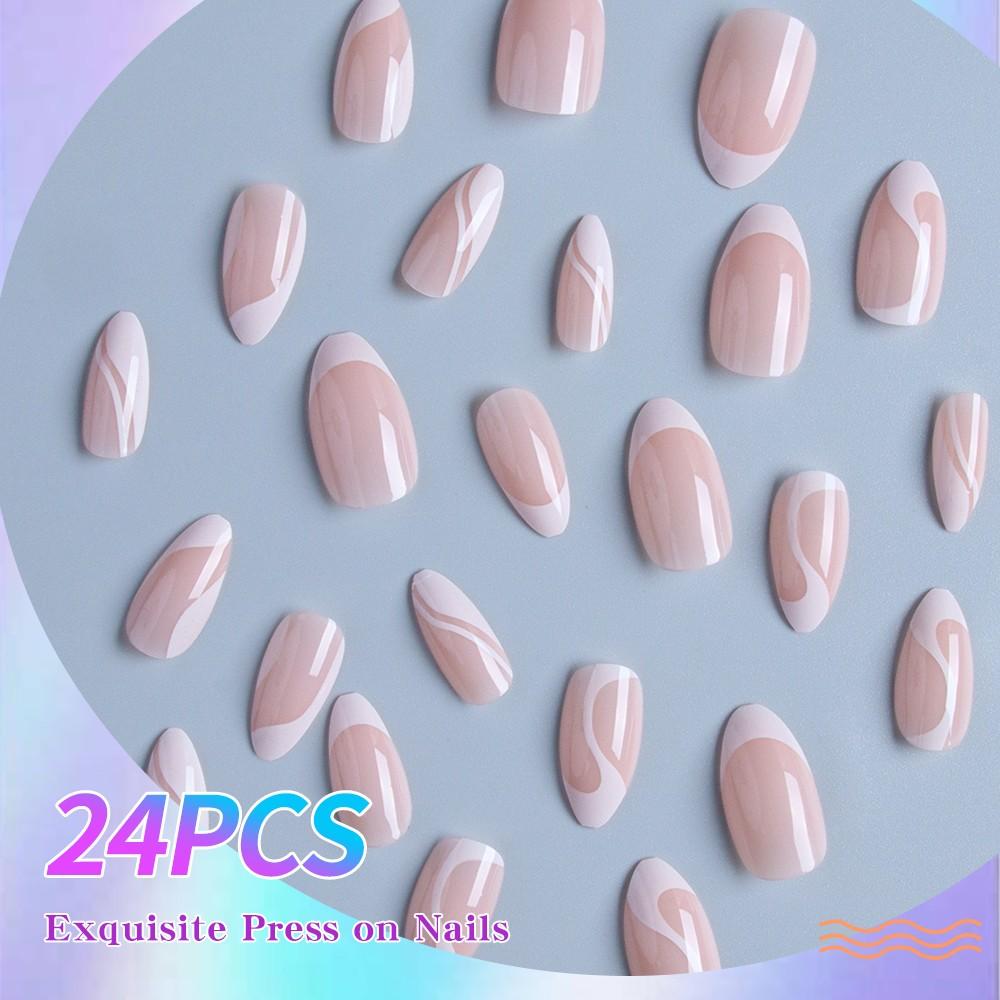 24pcs American Vintage Minimalist Milk Curved French Nail Tips, High-End Oval Fake Nails, Soft and Gentle Look, Medium Length
