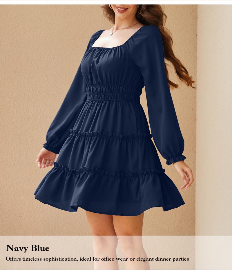 Chicovar Women's Square Neck Boho Mini Dress – Long Sleeve Smocked Waist Tiered Ruffle Dress with Pockets, Cute Lantern Sleeve for Spring Wedding Guest, Family Photos, Church, Valentine's Day, Westernfashion