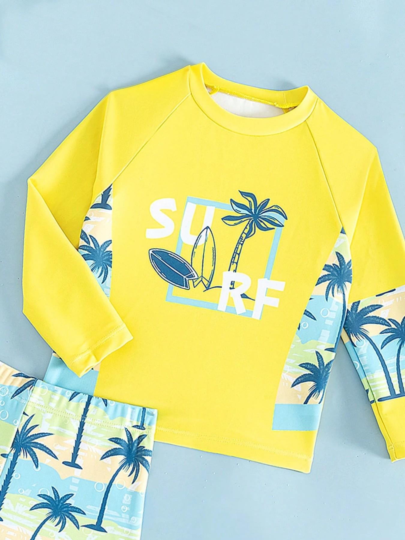 Surf Coconut Tree Swimsuit, Bright Colorblock Long Sleeve Sun Protection Quick-Dry Two-Piece Set, Kids Swimwear