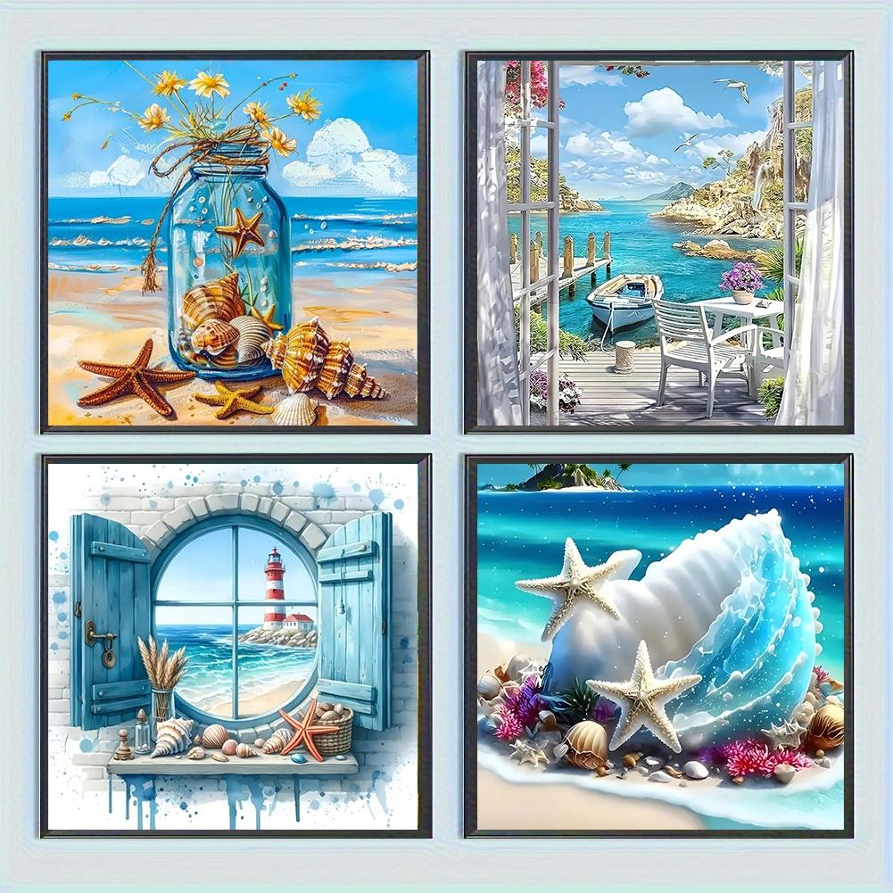 4pcs Beautiful Beach Landscape Diamond Painting Kit, Adult Art Craft Set, DIY 5D Round Drill Home Wall Decor, No Frame, Needle Crafts Kit