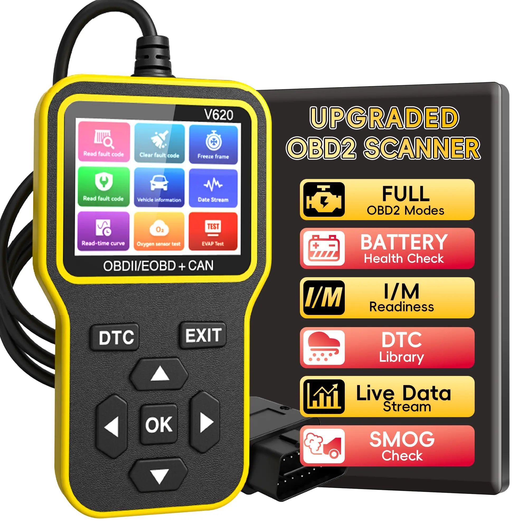 OBD2 Scanner Diagnostic Tool, Car Code Reader with Built in DTC Lookup, Check Engine Light Reader, Live Data, I/M Readiness, Battery Voltage Test, for 1996+ Vehicles
