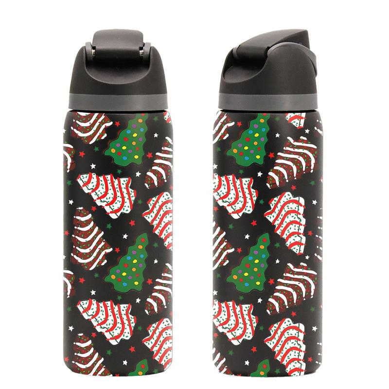 1 Pc19/24/32oz double wall insulated thermal mug, leak-proof skinny vacuum cup, Christmas cake and tree dessert pattern, pink background festive design, keeps hot 12 hours cold 24 hours, perfect gift for women men, holiday travel mug for hot cold drinks