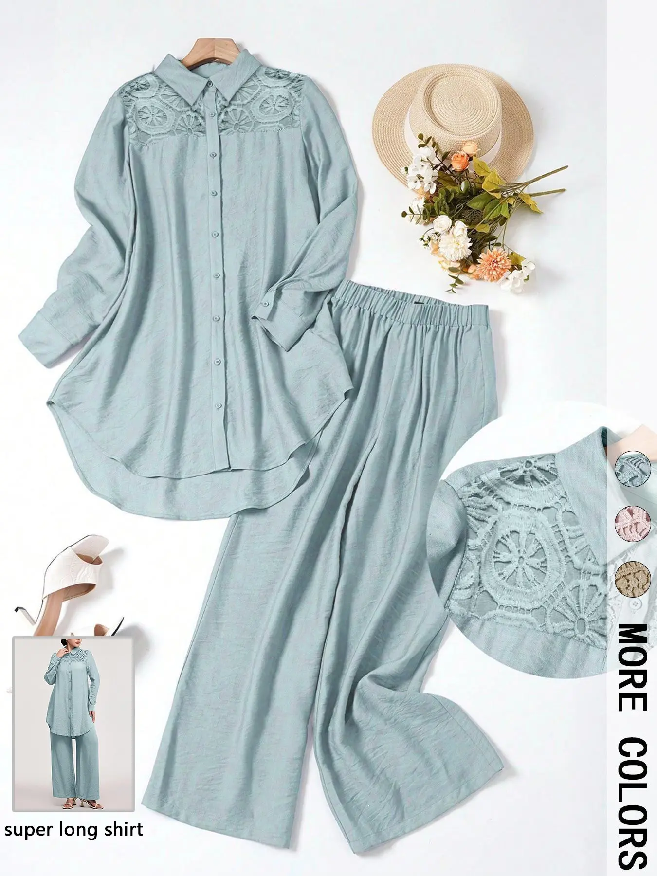 Women's Casual Two-Piece Set, Fashion Style Sets, Fashion Clothing Set, Hollow-Out Long Sleeve Top and Loose-Fit Pants, Plain Color Comfortable Breathable Woven Fabric Outfit Clothes for Daily Wear, Spring and Fall Fashion, Womenswear