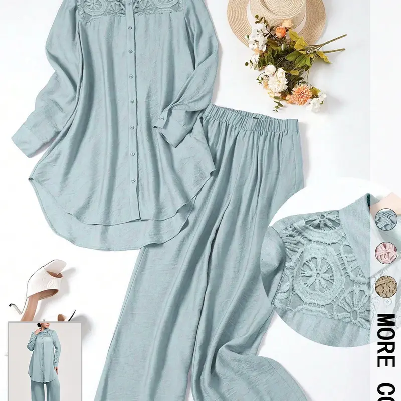 Women's Casual Two-Piece Set, Fashion Style Sets, Fashion Clothing Set, Hollow-Out Long Sleeve Top and Loose-Fit Pants, Plain Color Comfortable Breathable Woven Fabric Outfit Clothes for Daily Wear, Spring and Fall Fashion, Womenswear