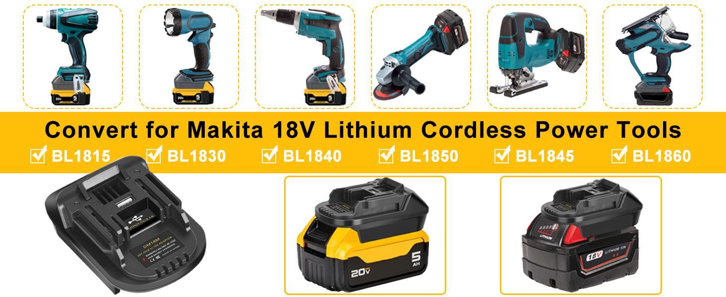 KUNLUN DM18M Converter Battery Adapter with USB Charging Socket for Dewalt 20V Battery & Milwaukee M18 18V Lithium Battery Converter to Makita 18V BL1830 BL1840 BL1850 Cordless Tools Use(Bare Adapter Only)