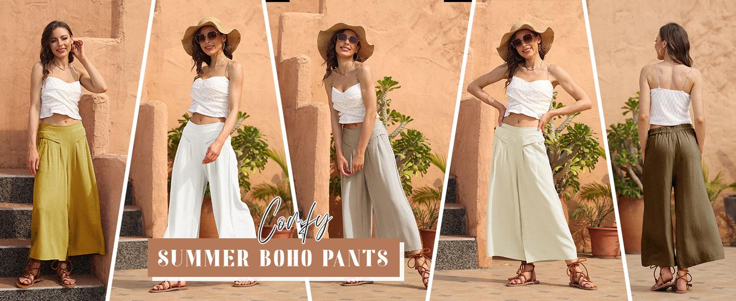 Tanming Women's Cotton Linen Culottes Pants Elastic Waist Wide Leg Palazzo Trousers Capri Pants with Pockets