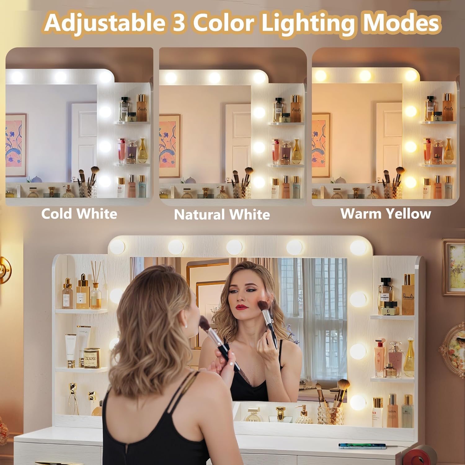 [ChristmasGifts] Large Makeup Vanity Desk with Lights, 50" Wide Vanity Table with Mirror & 3 Lighting Modes, Built-in Power Outlet, 5 Drawers & 2 Cabinets, Spacious 23.6" Legroom, White
