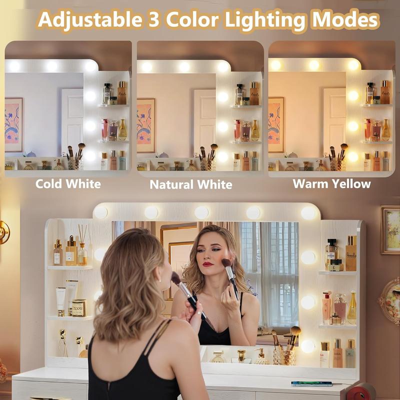 [ChristmasGifts] Large Makeup Vanity Desk with Lights, 50" Wide Vanity Table with Mirror & 3 Lighting Modes, Built-in Power Outlet, 5 Drawers & 2 Cabinets, Spacious 23.6" Legroom, White