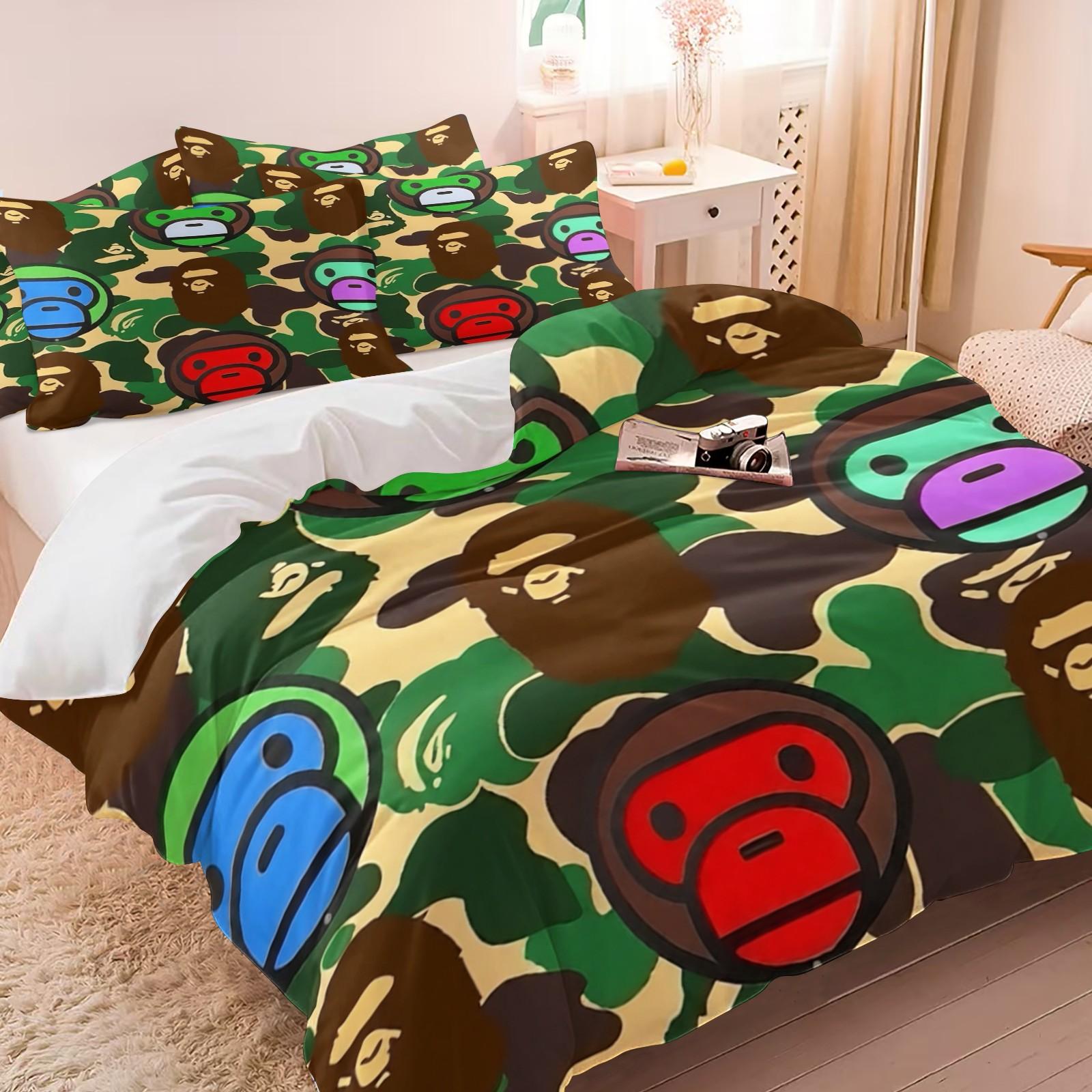 BAPE Ape Head Print Duvet Cover Set,Includes 1 Duvet Cover and 1-2 Pillowcases,Military Camouflage Bedding Set,Suitable for Boys and Teenagers Whimsical Room Decor