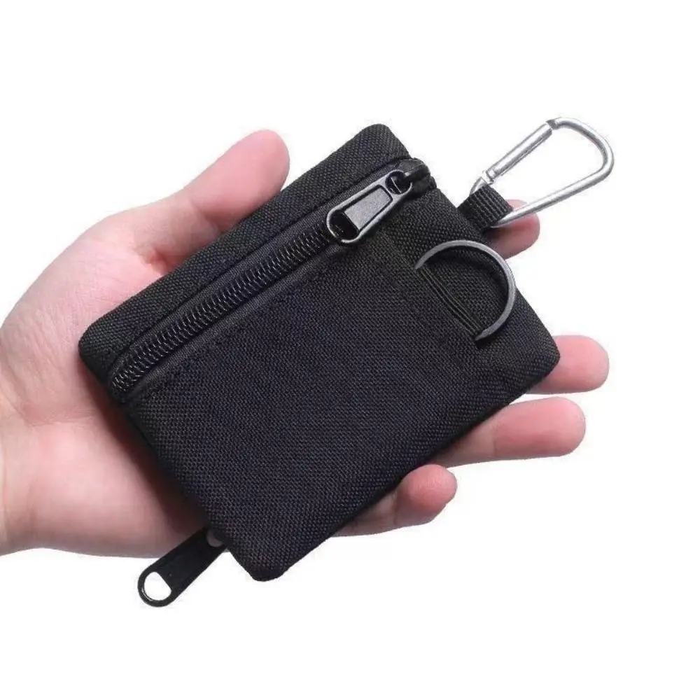 Tactical Oxford Cloth Coin Pouch, Unisex Mini EDC Wallet with Dual Zippers and Carabiner for Outdoor Daily Use, Small
