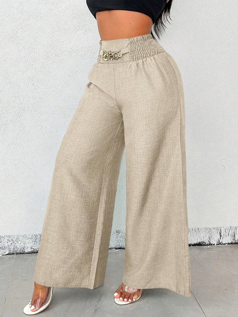 A pair of women's solid-color zipper-enclosed high-waisted stretchable loose-fitting slimming wide-leg trousers that are versatile and suitable for all occasions.