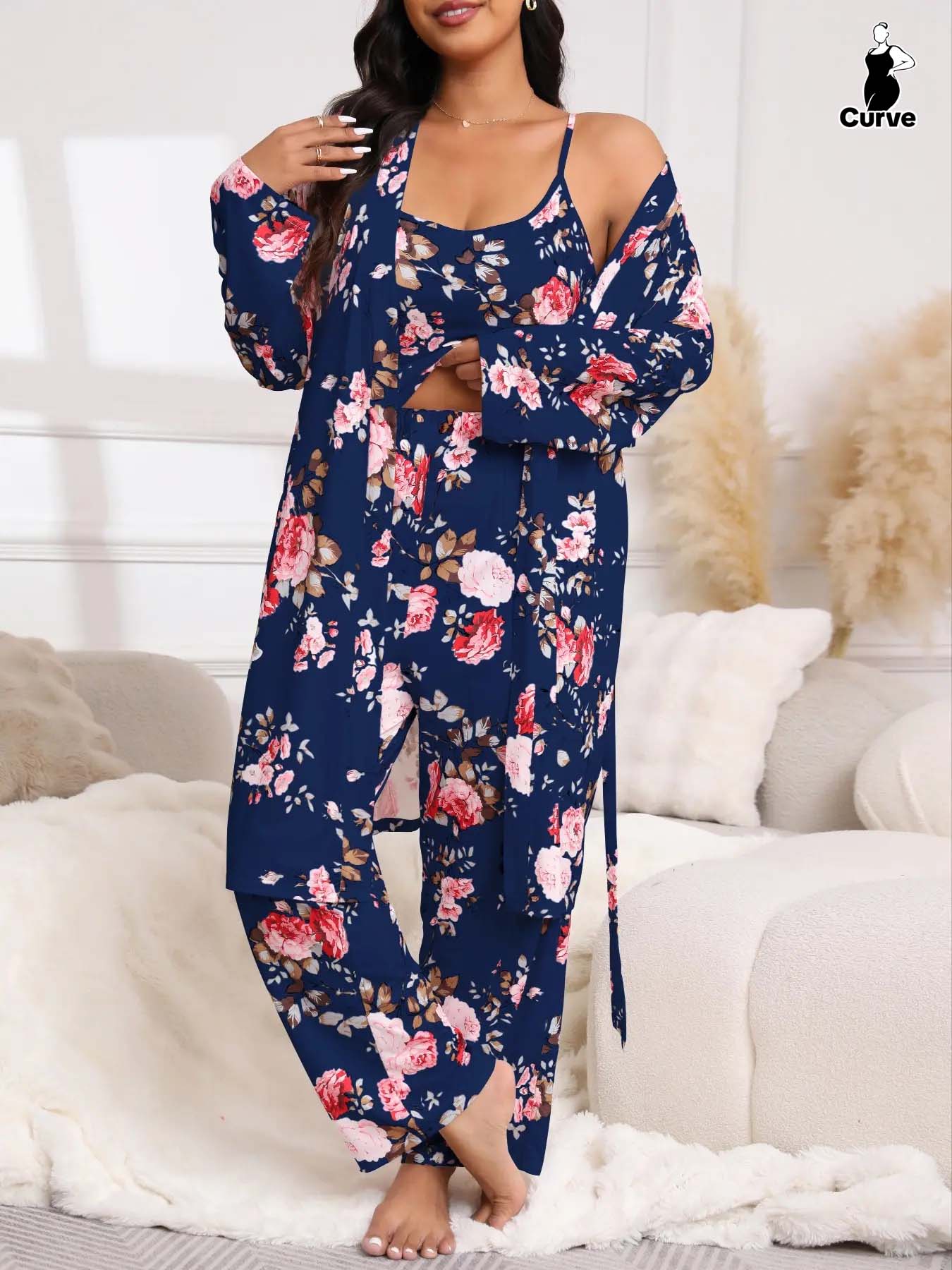 Plus Size 3-Piece Set Floral Print Belted Lounge Robe & Cami Top & Elastic Waist Pants Pyjama Set, Elegant Comfy Women's Sleepwear for Spring & Fall