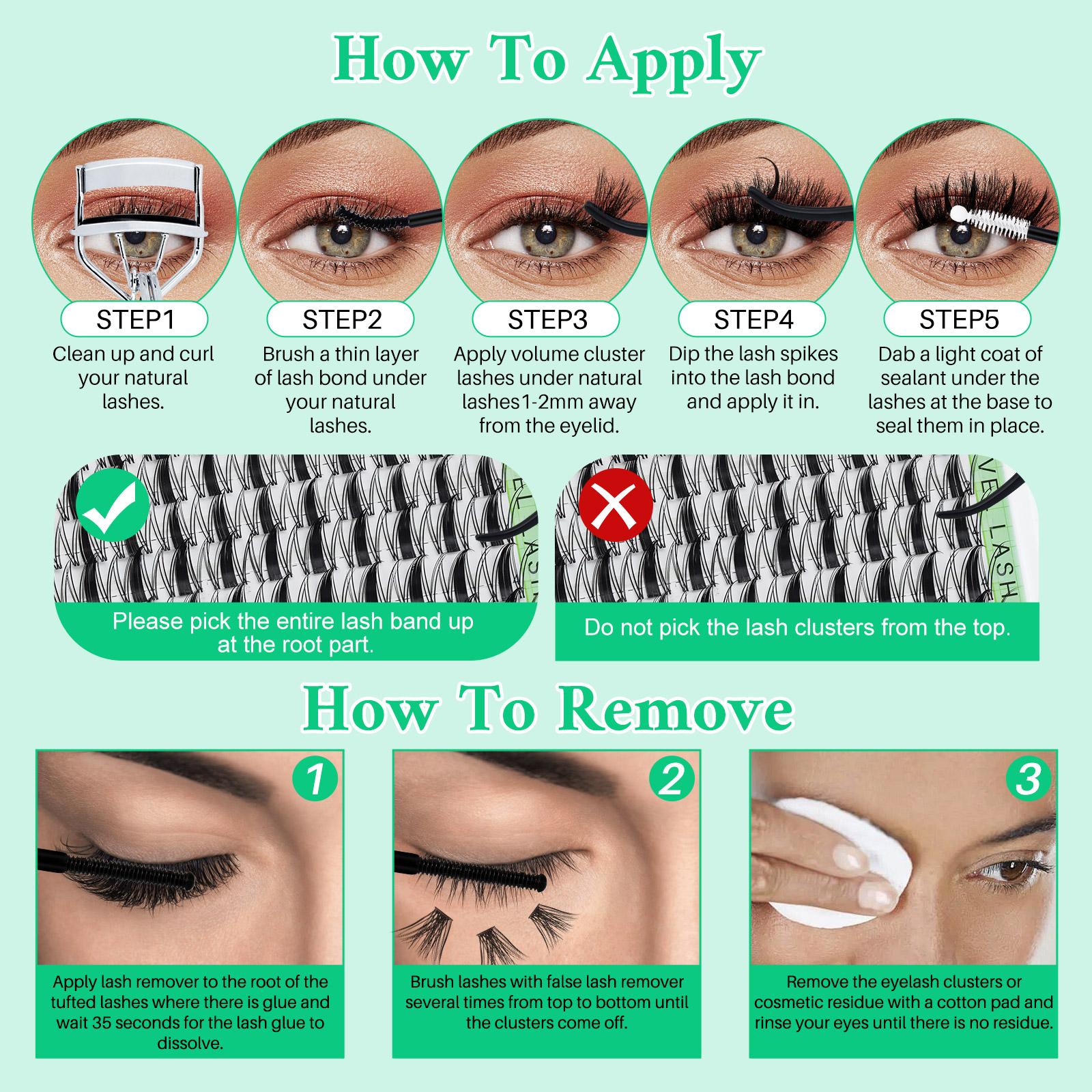 1344PCS/650PCS/540PCS Lash Kit, Eyelash Extensions, D Curl 11 Styles Mixed Length Bottom/Spikes/3D Effect with Bond&Seal Lash Remover Brush Lash Applicator Headband Wristband set, Beginners&Proficient, DIY at Home Easily, for Makeup Daily