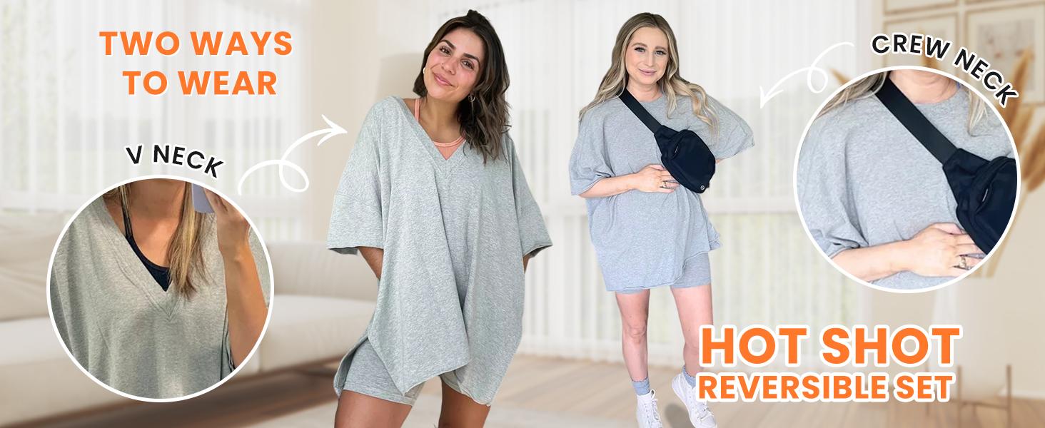 Tanming Women's Oversized 2 Piece Workout Hot Shot Set - Reversible V Neck Tee & Biker Shorts - Casual Streetwear for Yoga & Lounging - Flowy & Comfortable #SpringStatements