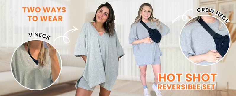 Tanming Women's Oversized 2 Piece Workout Hot Shot Set - Reversible V Neck Tee & Biker Shorts - Casual Streetwear for Yoga & Lounging - Flowy & Comfortable