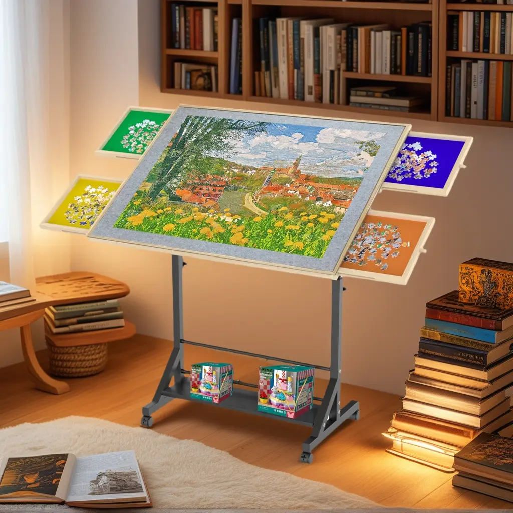 Nokaa Wooden Puzzle Table for 1500 Pieces, 35"x27.17" Adjustable Height & 360° Tilting Desktop, with 4 Drawers and Protective Cover, Mobile Wheels, for Living Room, Home, Family Game Room