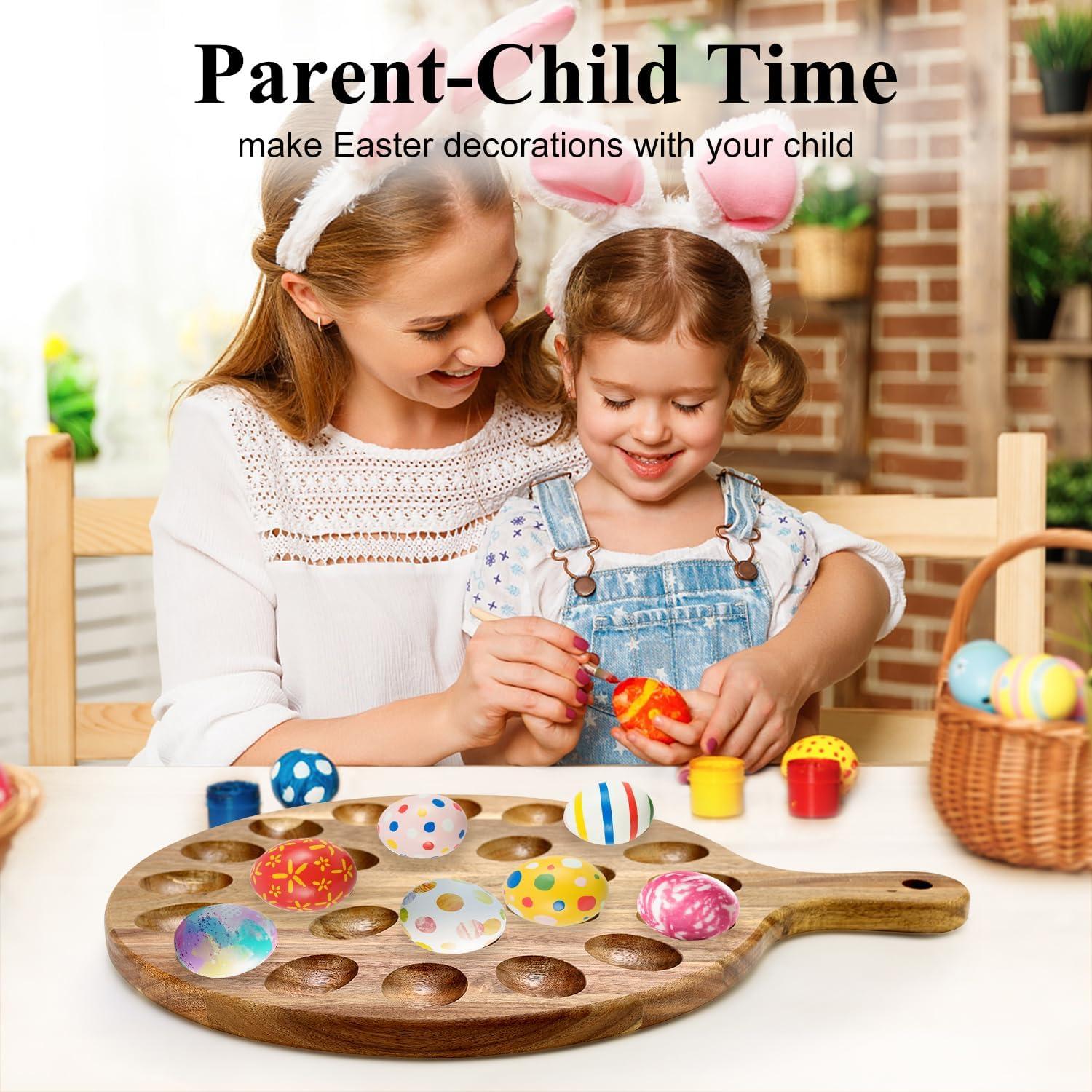 Deviled Egg Platter Wooden Deviled Egg Tray Reversible 24 Holes Round Egg Holder Container Charcuterie Board for Kitchen Countertops Serving Tray