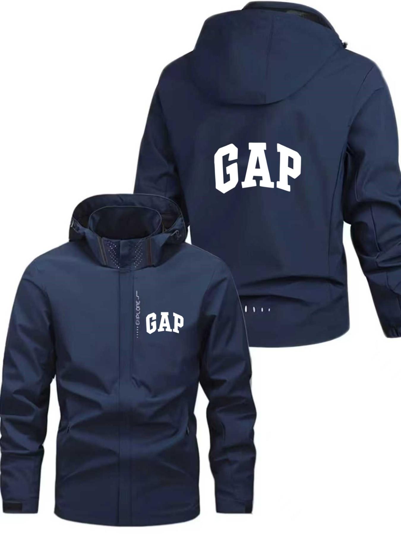 Men's Lightweight Polyester Fashion Hooded Jacket, Gap Print Design with Full and Half Zipper, Casual Outerwear for Spring & Fall