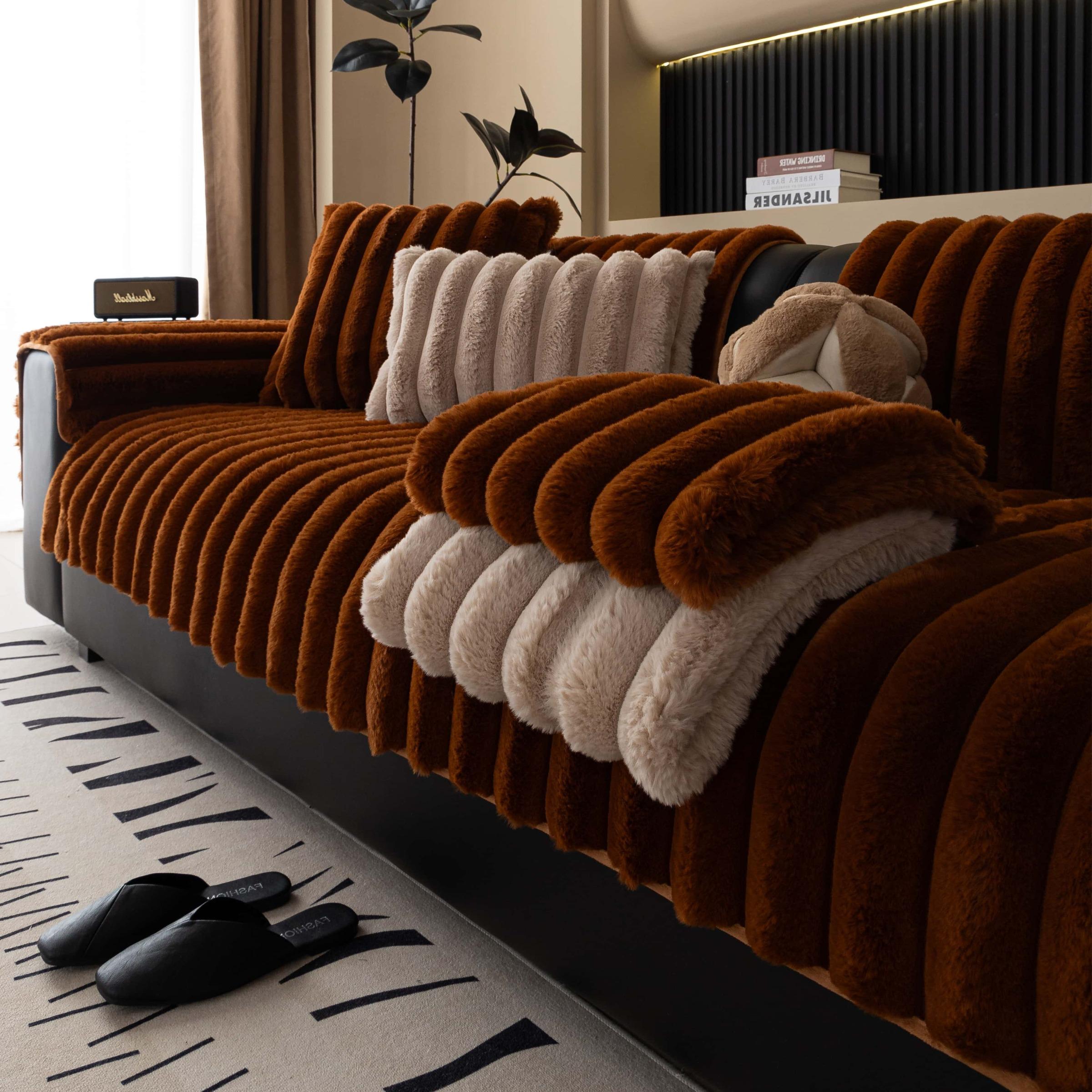 Solid-colour plush sofa couch, Pet-Friendly Extra Thick Sofa pad, Soft Fluffy Fur Couch Protector, Non-Slip Washable couch cover, Sofa Couch Covers, Anti-Scratch Furniture Throw Blanket for Living Room, 3-Seater, Multi-Color Available, Couch Slipcover