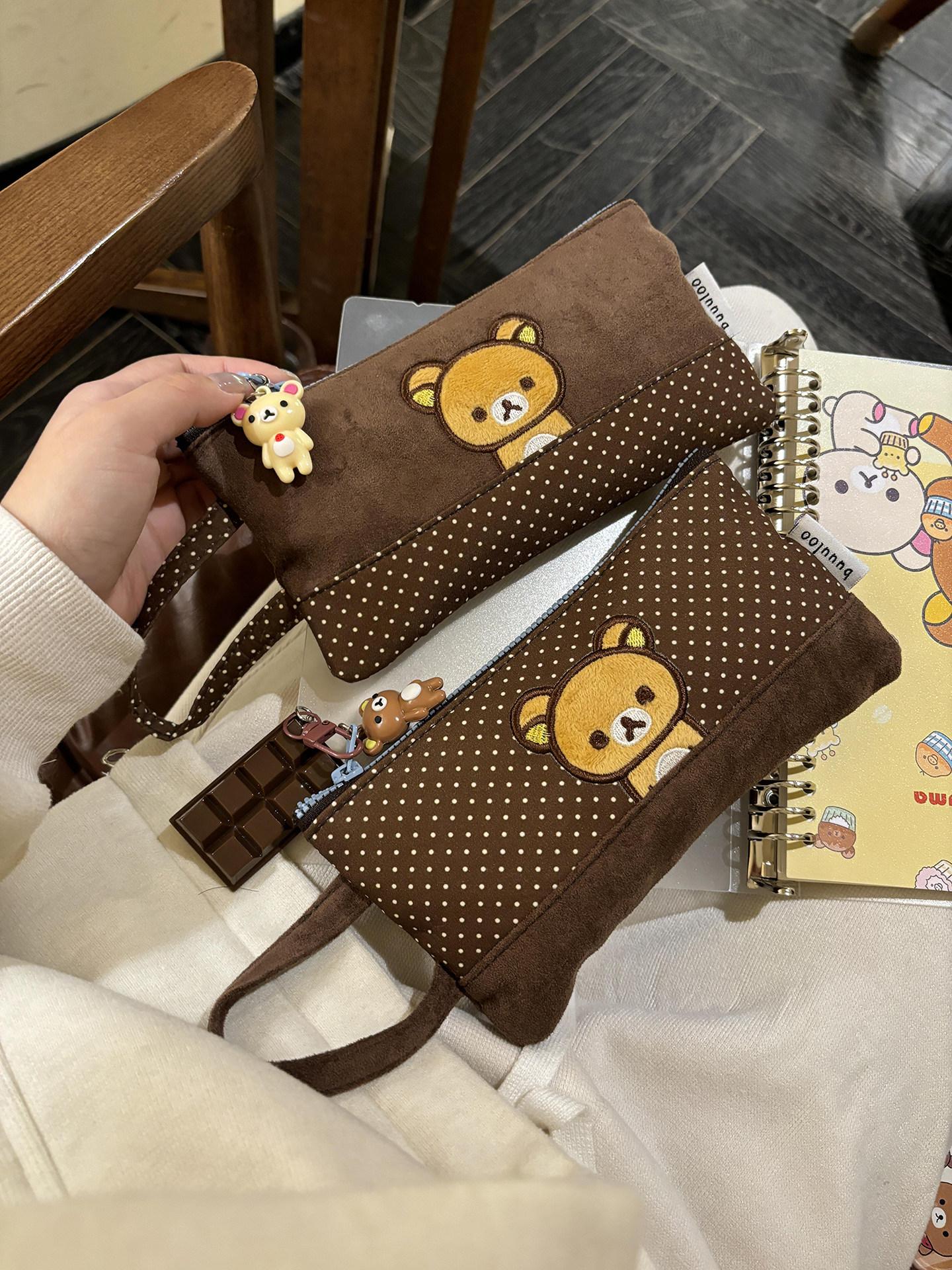 Buuuloo Original Embroidered Rilakkuma Pencil Case Large Capacity Polka Dot Ins Style Kawaii For Teen Girls High School Students