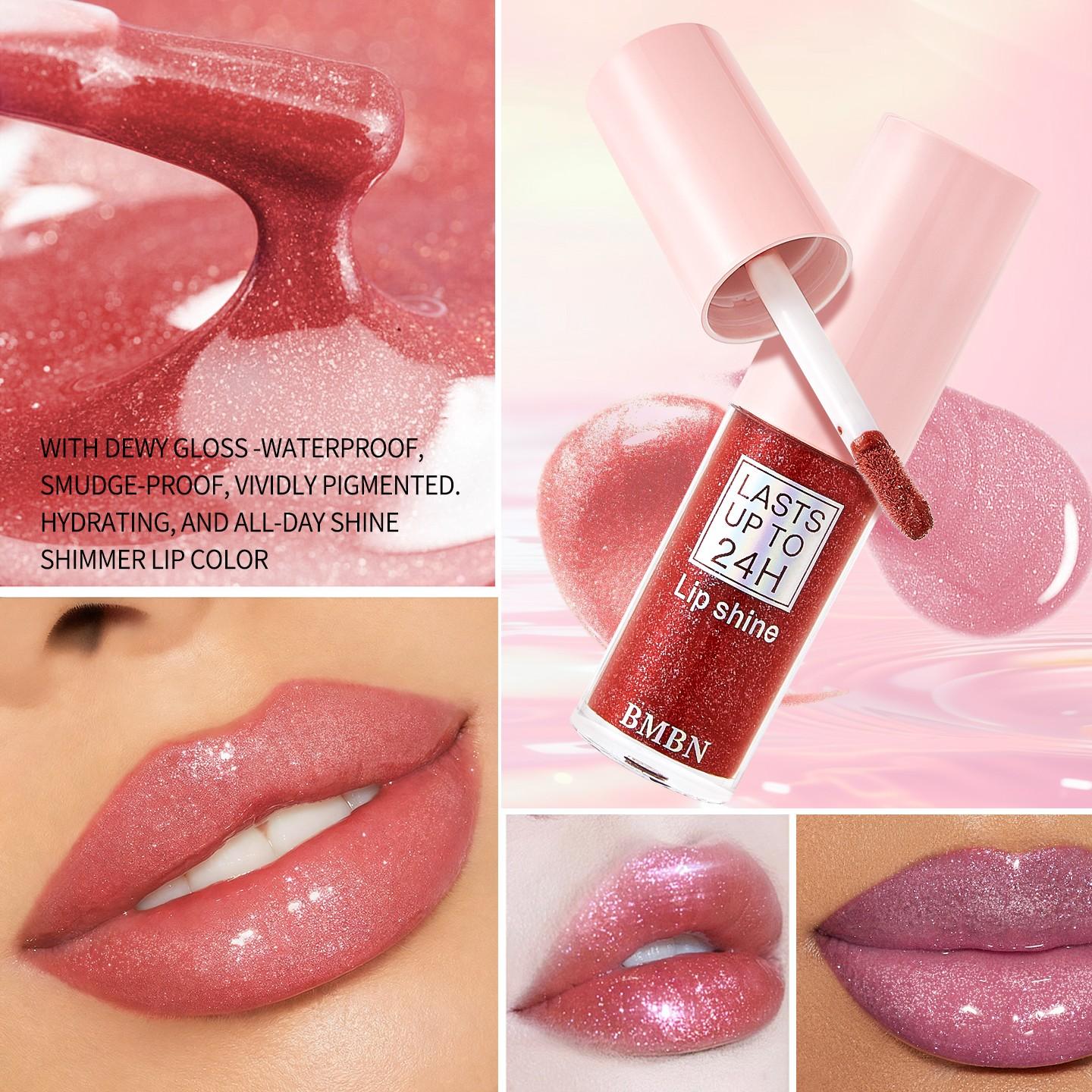 BMBN monochrome shiny lip gloss lipstick - shiny pink gel formula, shiny lip glaze, with glitter powder, instantly create a charming look, lasting shiny, berry color (pink and) - suitable for all beige colors, parties, activities, daily makeup - lip color