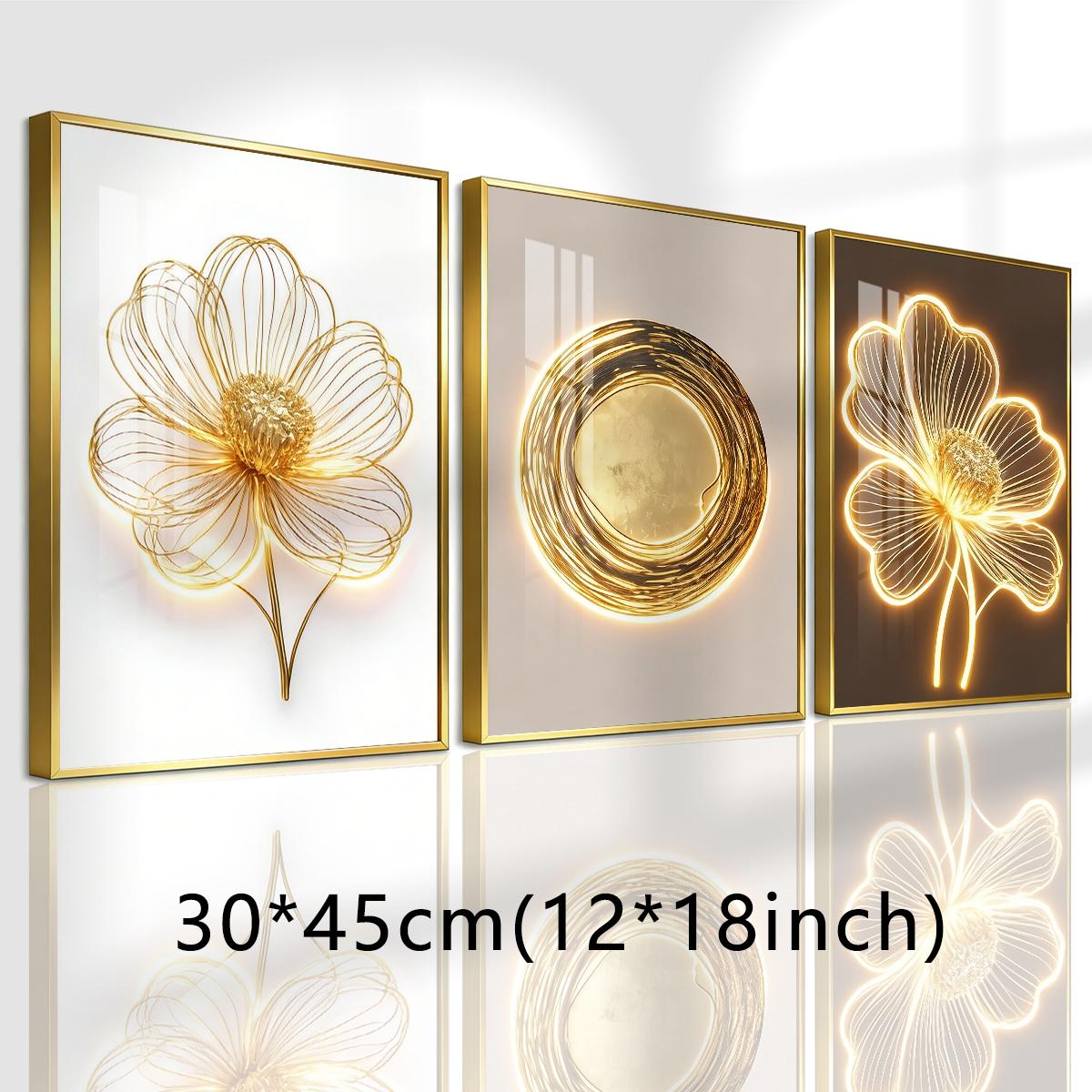 3 Counts Aluminum Alloy Framed Painting, Golden Wire Flower And Sun Abstract Art Pictures, Home Decoration For Living Room, Bedroom, Office, Restaurant, Hallway Wall Decor, Odorless Print Artwork, Luxury Perfect Gift For Friends And Family