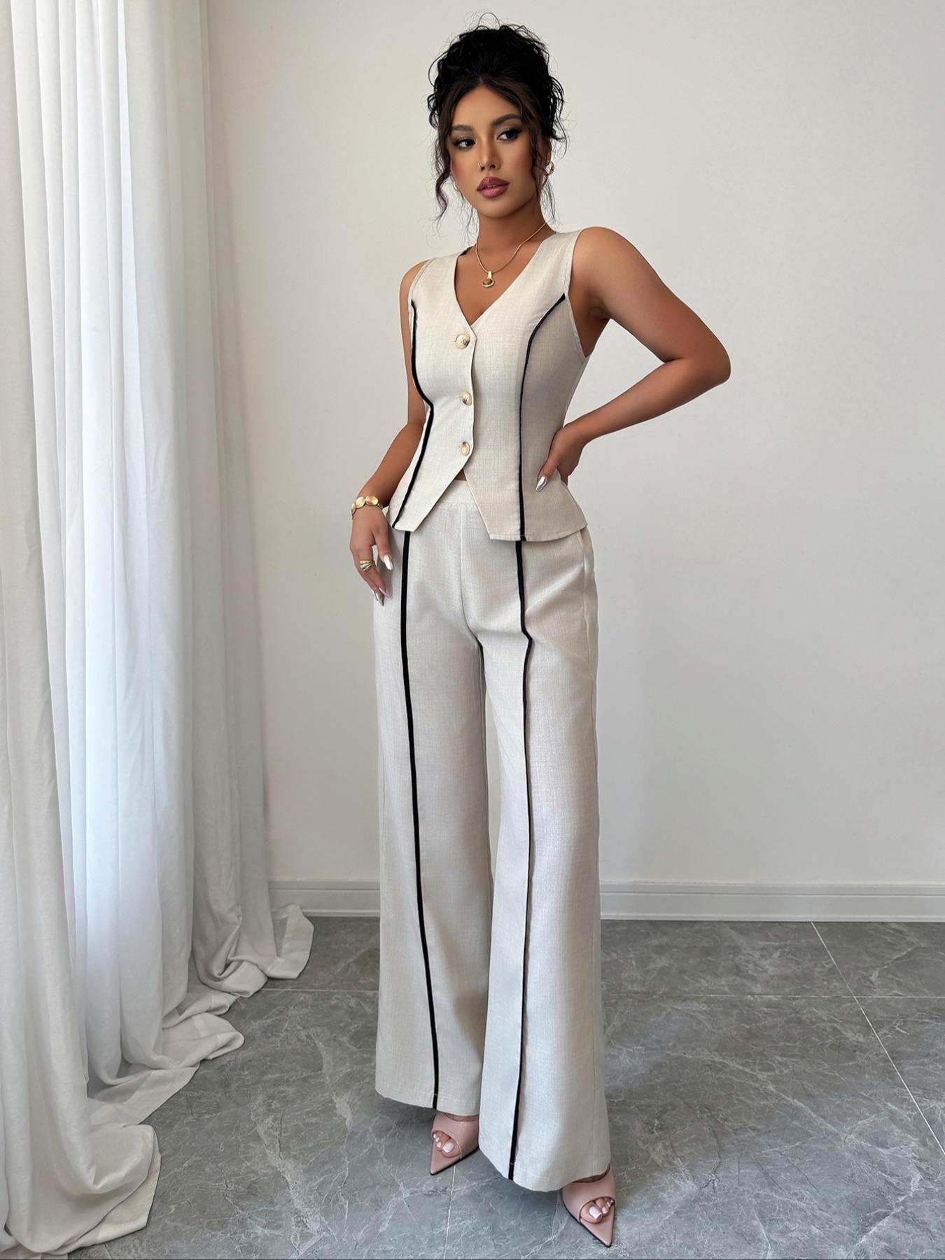Colorblock V-Neck Sleeveless Vest Set with Wide Leg Pants, Spring & Fall Fashion, Slim Fit, Plain Pattern, Natural Waist