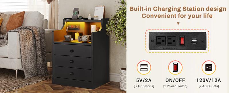 Sikaic LED Nightstand With Hutch Drawers Charging Station Furniture Home Table Tabletop Design