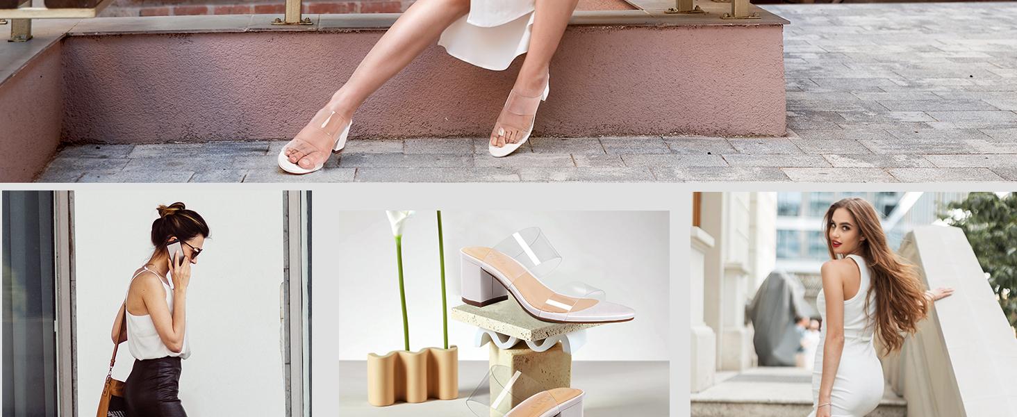 MUSSHOE Clear Strap Heels Women’s Open Toe Chunky Low Block Pumps