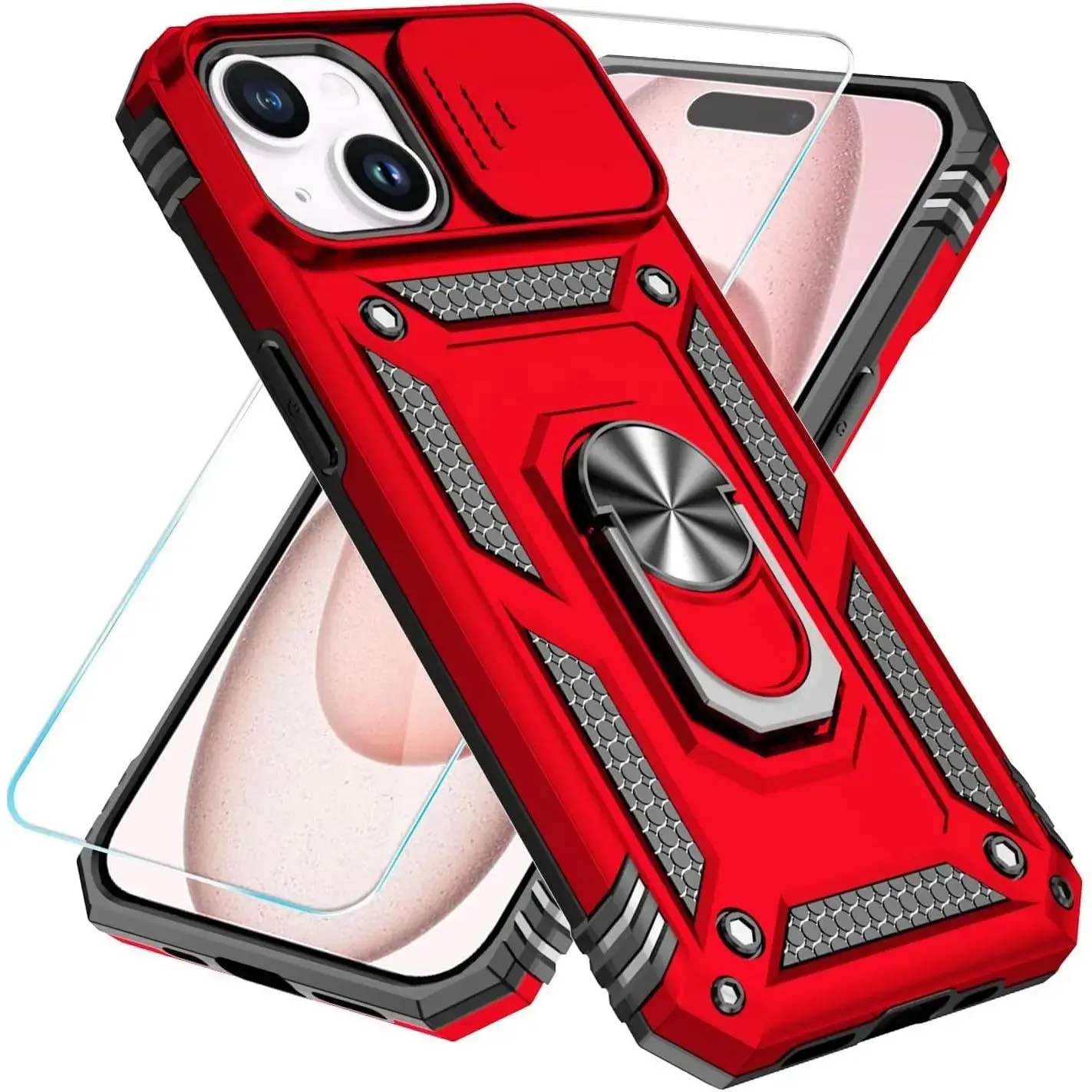 Military-Grade Polycarbonate Shockproof Protective iPhone Case Accessories - Multi-Model Casing for iPhone Series (17 Pro,16,15,14,13,12 Pro Max Plus AIR) with HD Screen Protectors, Slide Camera Cover, Rotatable Ring Kickstand, Magnetic Mount (Red)