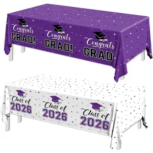 Congrats Grad Tablecloth, 2026 Graduation Decorations, 2pcs White Purple Class of 2026 Table Covers Rectangle for Graduation Party Supplies, 108x54inch(Purple)
